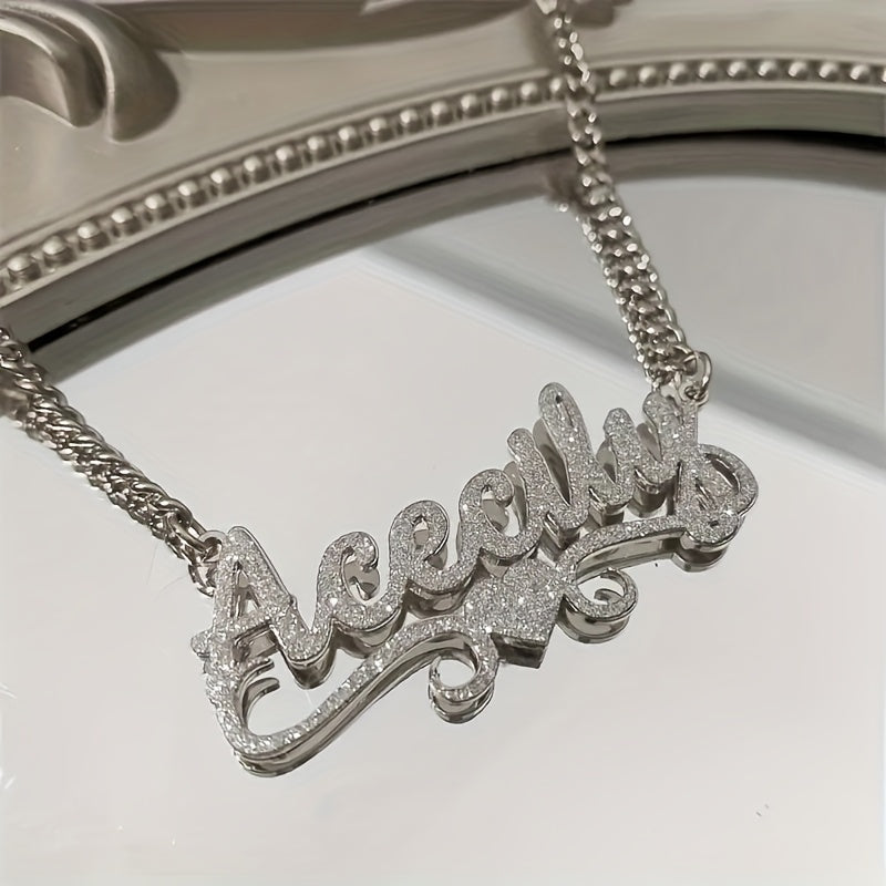 1pc Custom Stainless Steel Name Necklace – Personalized Frosted Letter Pendant with Sparkling Accents, Unisex Cuban Link Chain Jewelry Gift for Casual Attire or Special Occasions, Gift Item Jewelry | Bohemian Chic | 18K Gol